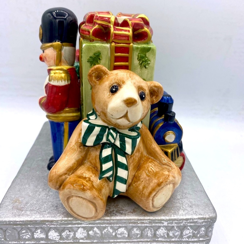 Vintage Fitz And Floyd Old Fashioned Christmas Candle Holder Ceramic Teddy Bear